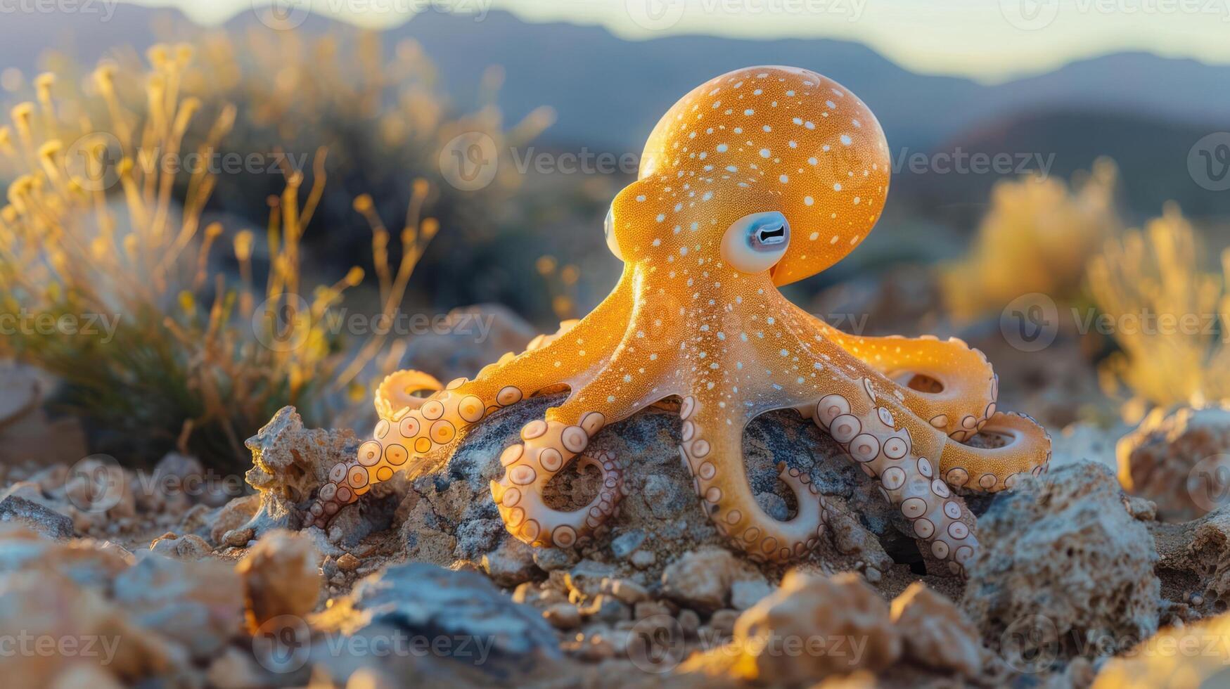 Vibrant orange octopus perched on rocky terrain during sunset with distant mountains in background photo