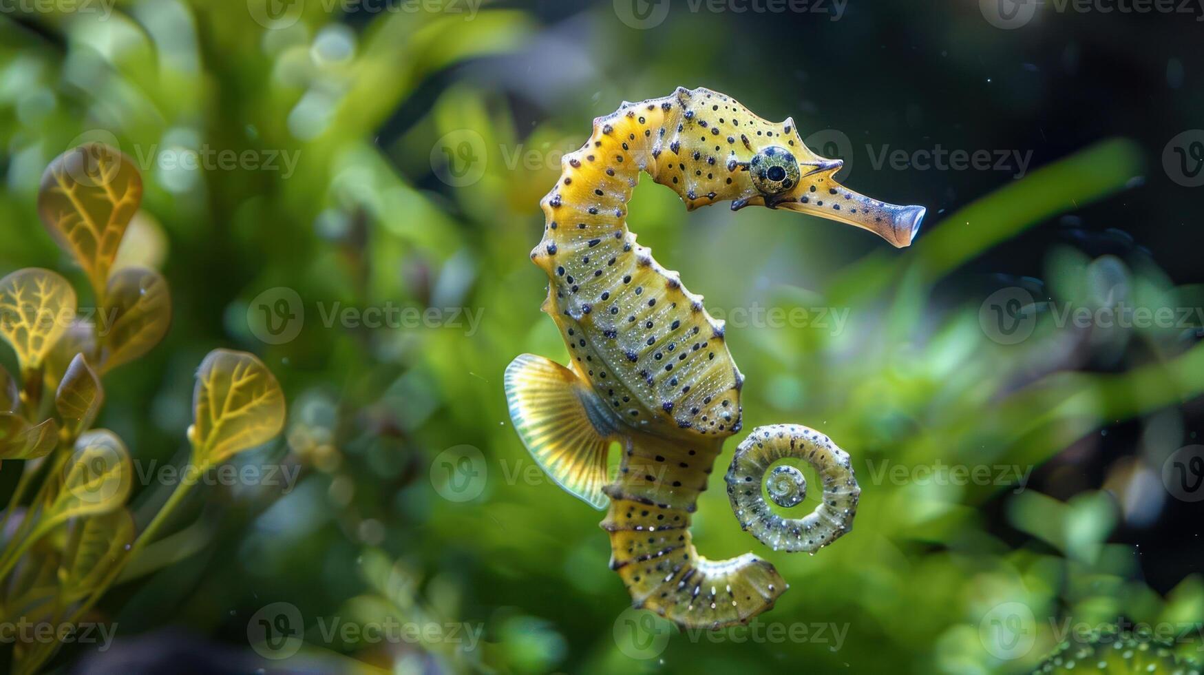 A vibrant seahorse gracefully swims among lush aquatic plants in a serene underwater habitat photo