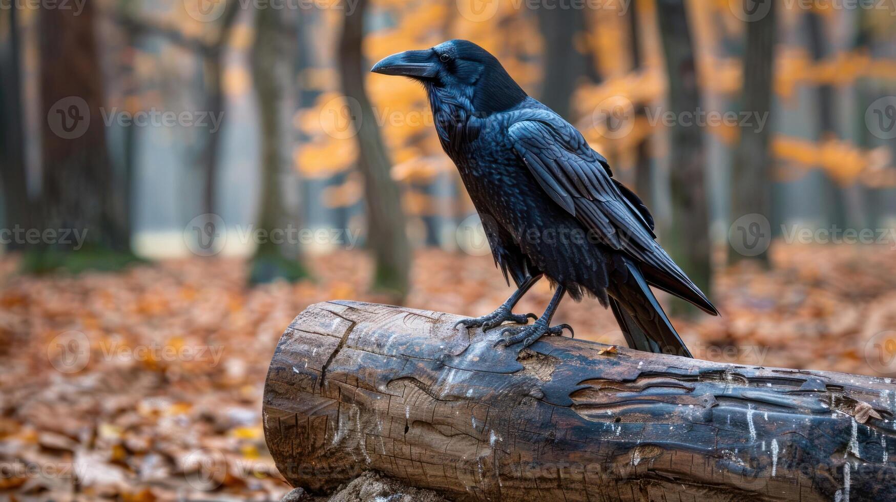 A raven perched on a log amidst autumn foliage in a serene forest setting photo