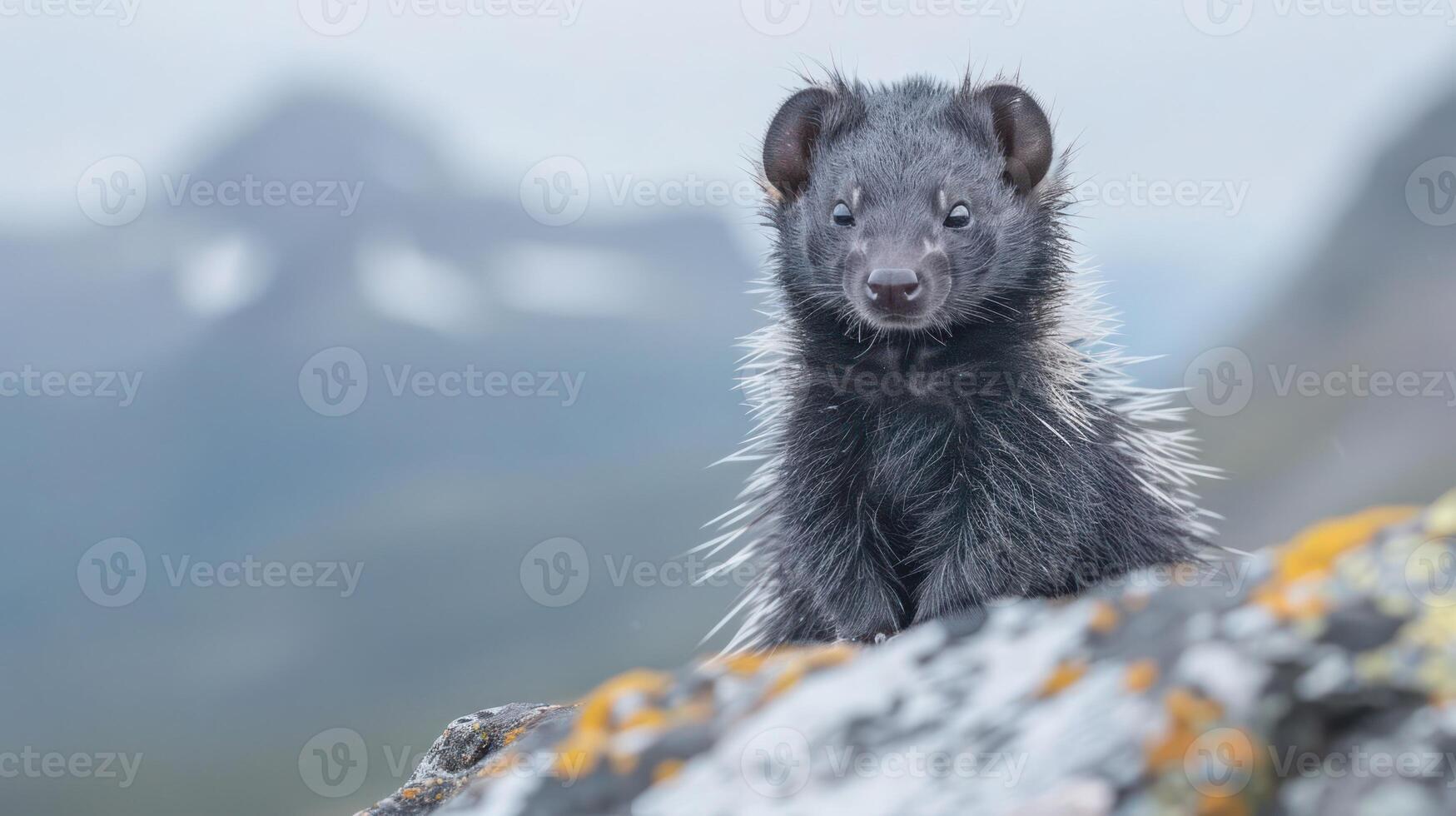 A curious small mammal perched on a rocky outcrop, surrounded by a misty mountainous landscape photo