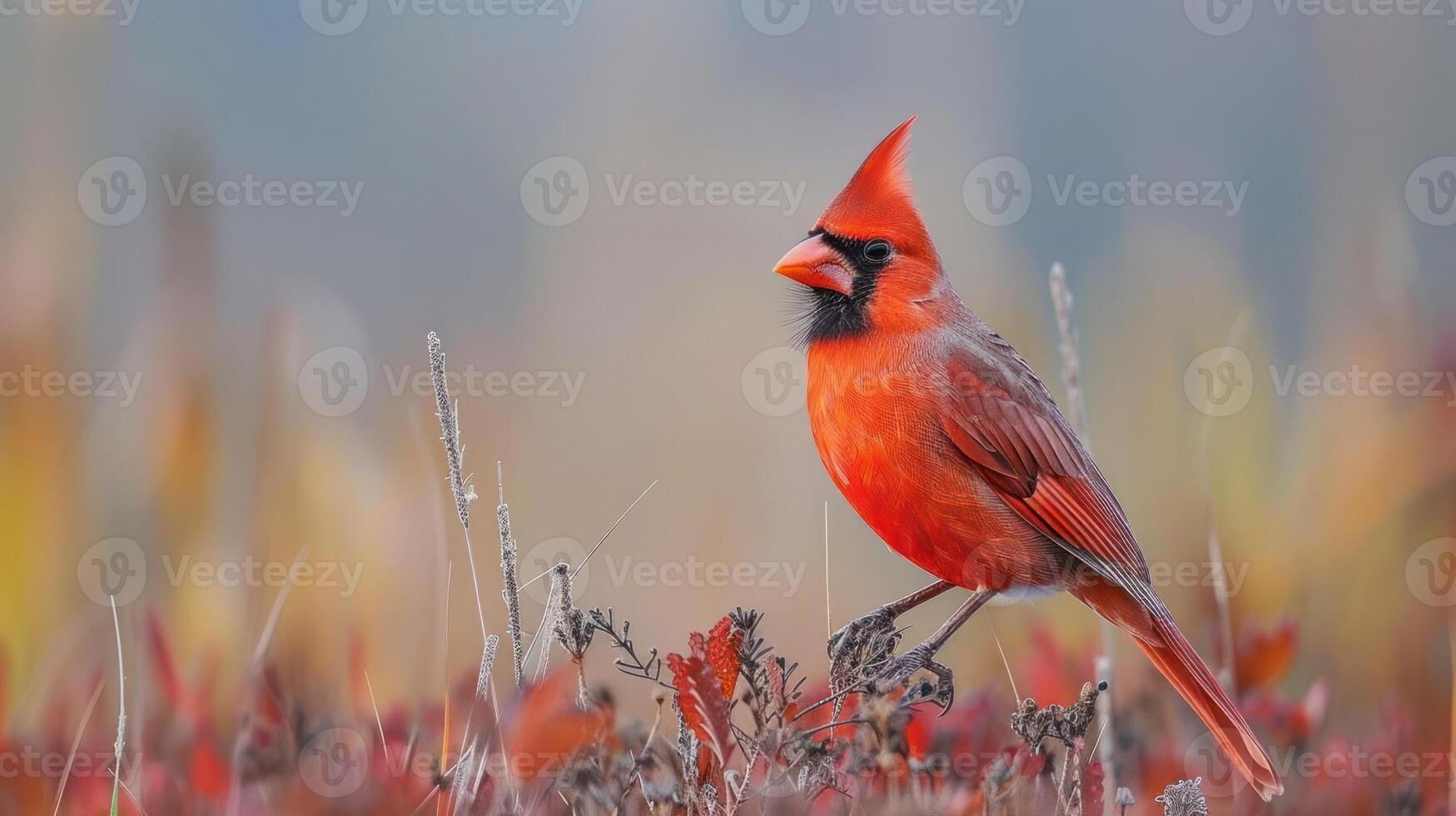 Vibrant red cardinal perched amidst colorful foliage in a serene natural setting photo