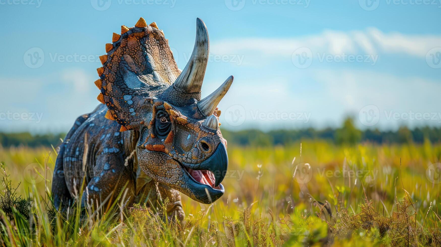 A vibrant triceratops dinosaur model in a lush green field under a clear blue sky photo