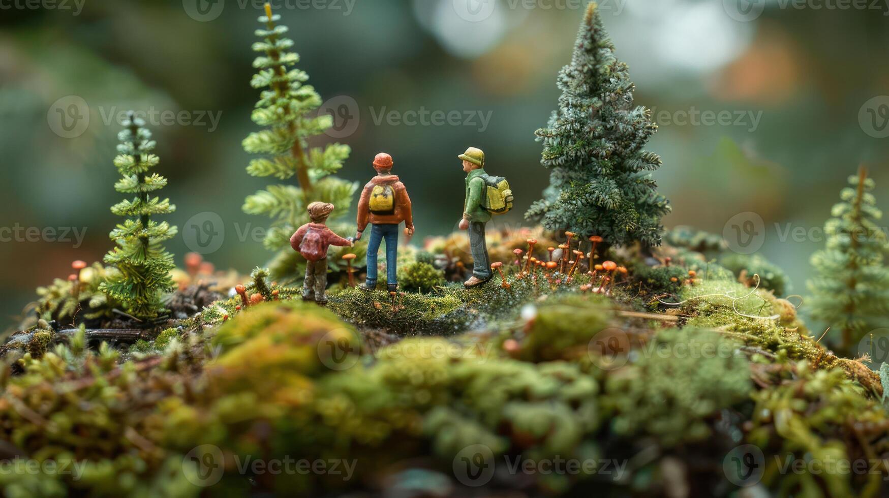 Miniature scene depicting three hikers exploring a mossy landscape with small trees. photo