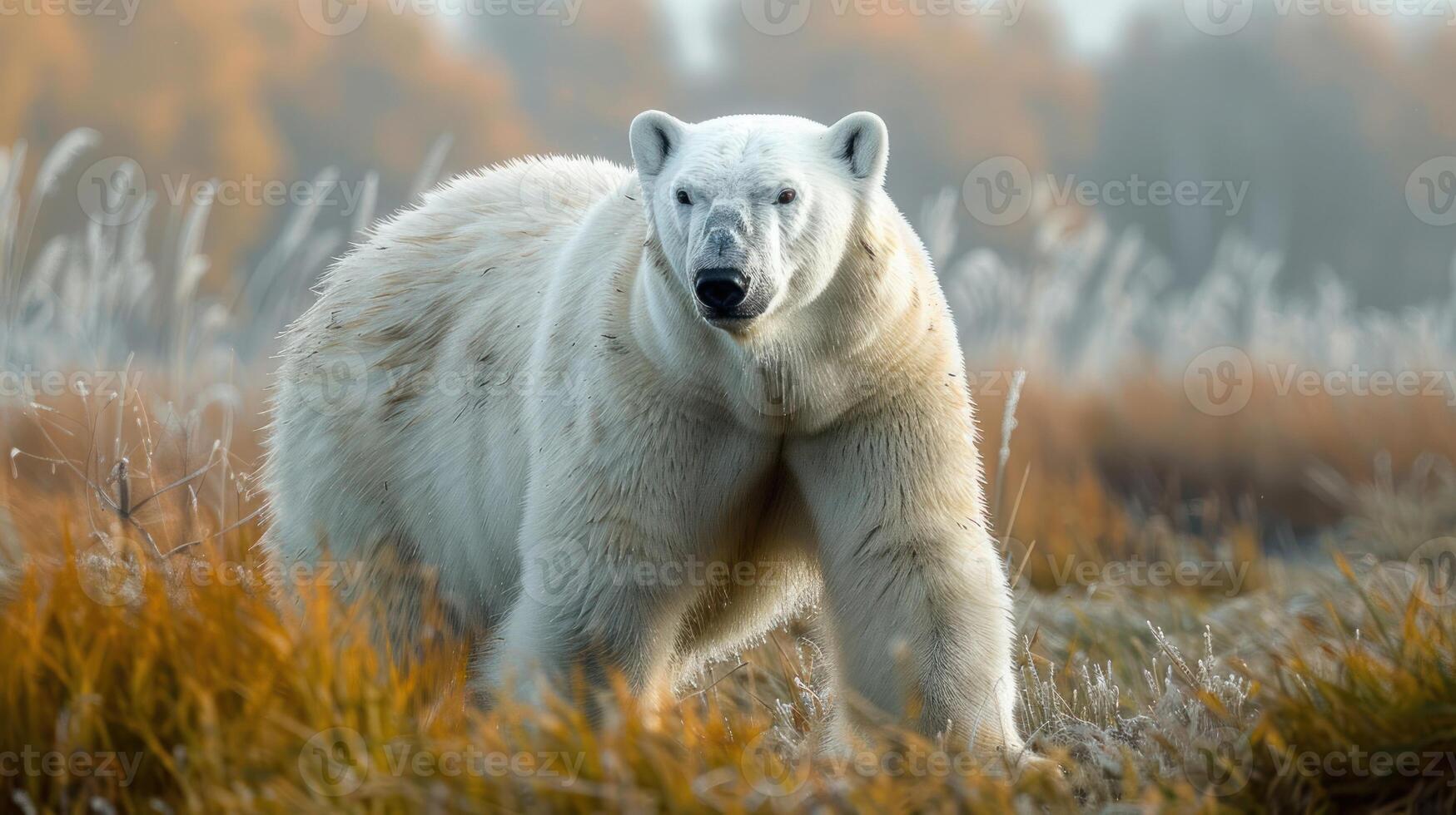 Polar bear roaming through a frost-covered landscape with autumn foliage in the background photo