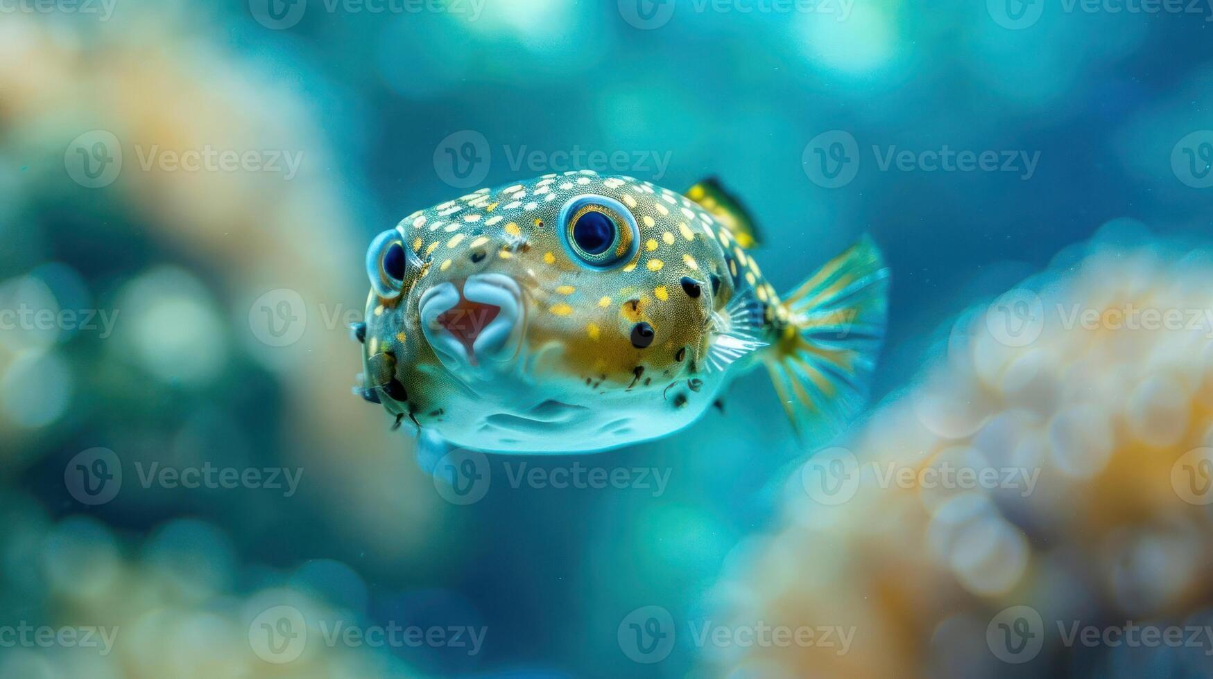 Colorful pufferfish swimming gracefully in a vibrant coral reef with blurred background photo