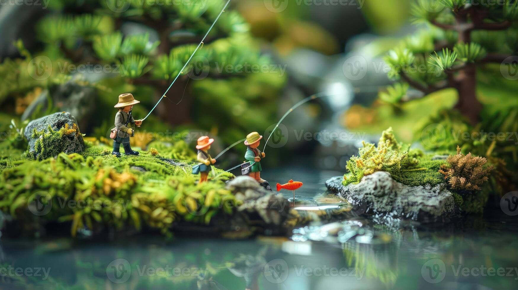 Miniature scene of three figures fishing by a serene water body surrounded by greenery. photo