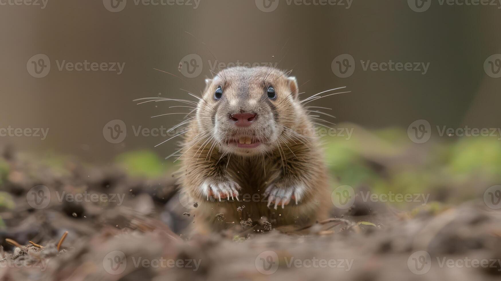 Close-up of a curious small mammal emerging from the ground in a lush forest setting photo