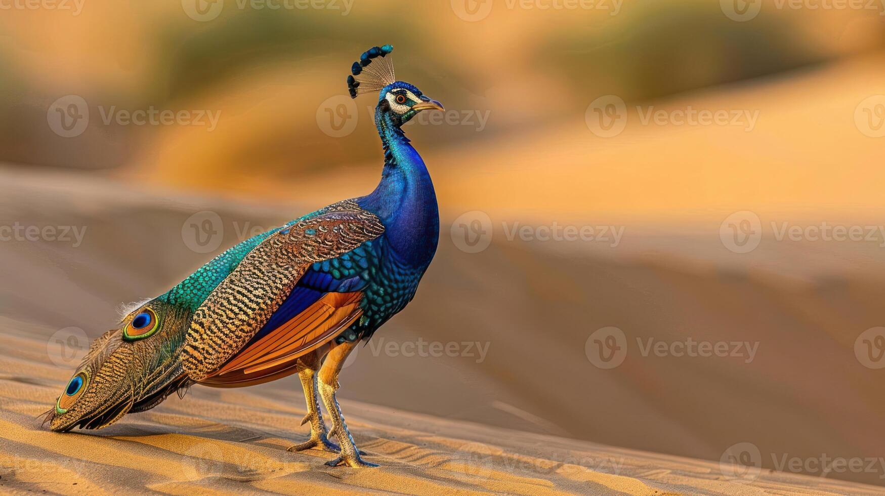 Vibrant peacock standing gracefully on golden sand dunes in a serene desert landscape photo