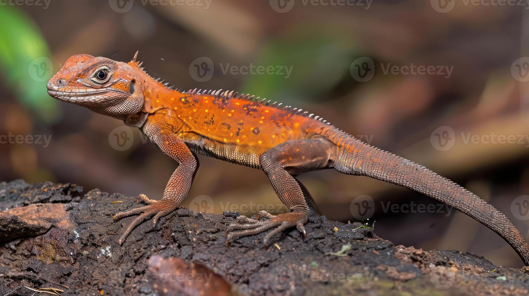 Vibrant orange lizard perched on a log in a lush forest, surrounded by greenery and natural light photo