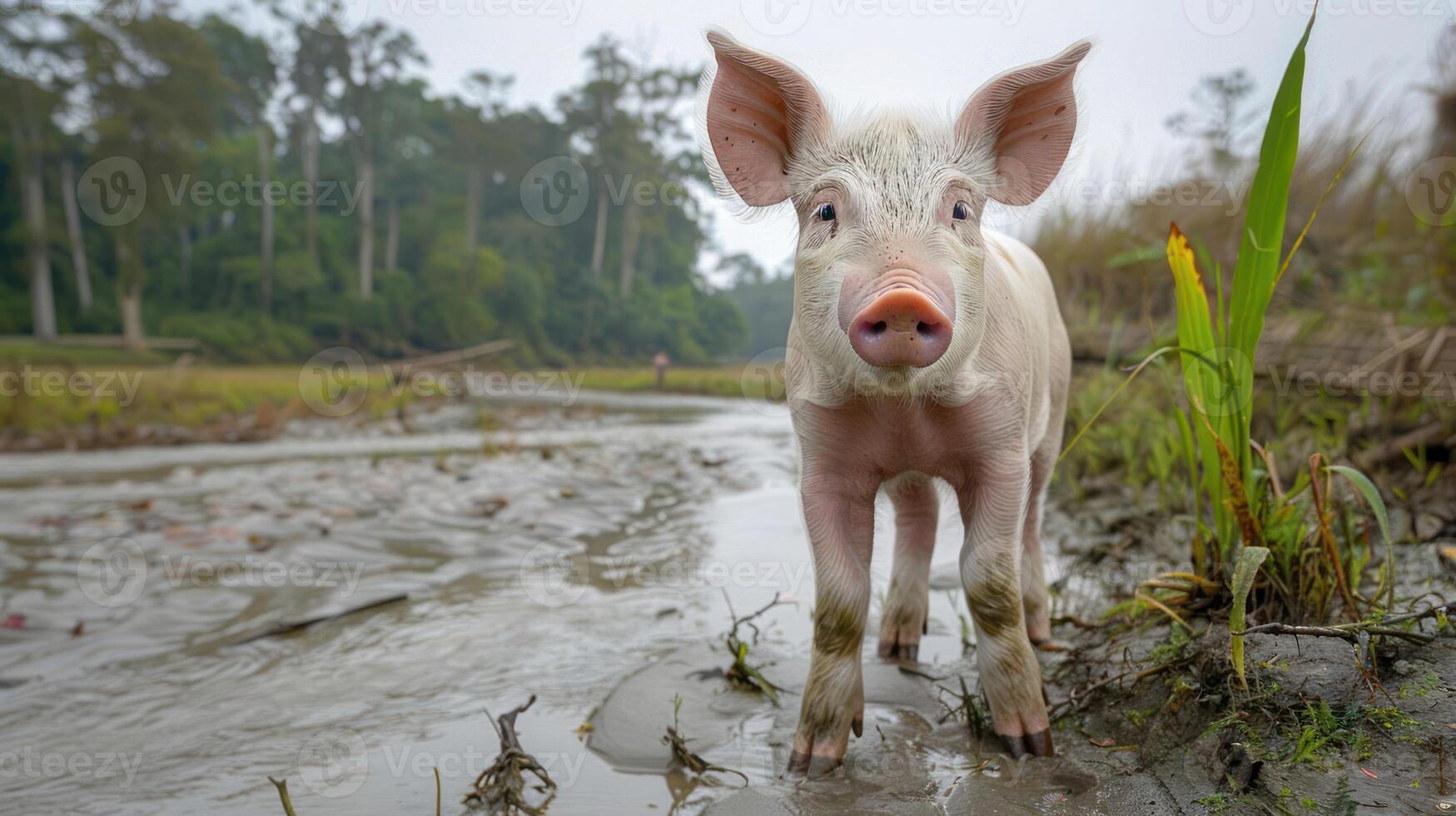 Curious piglet exploring muddy terrain in a lush, green landscape with trees in the background photo