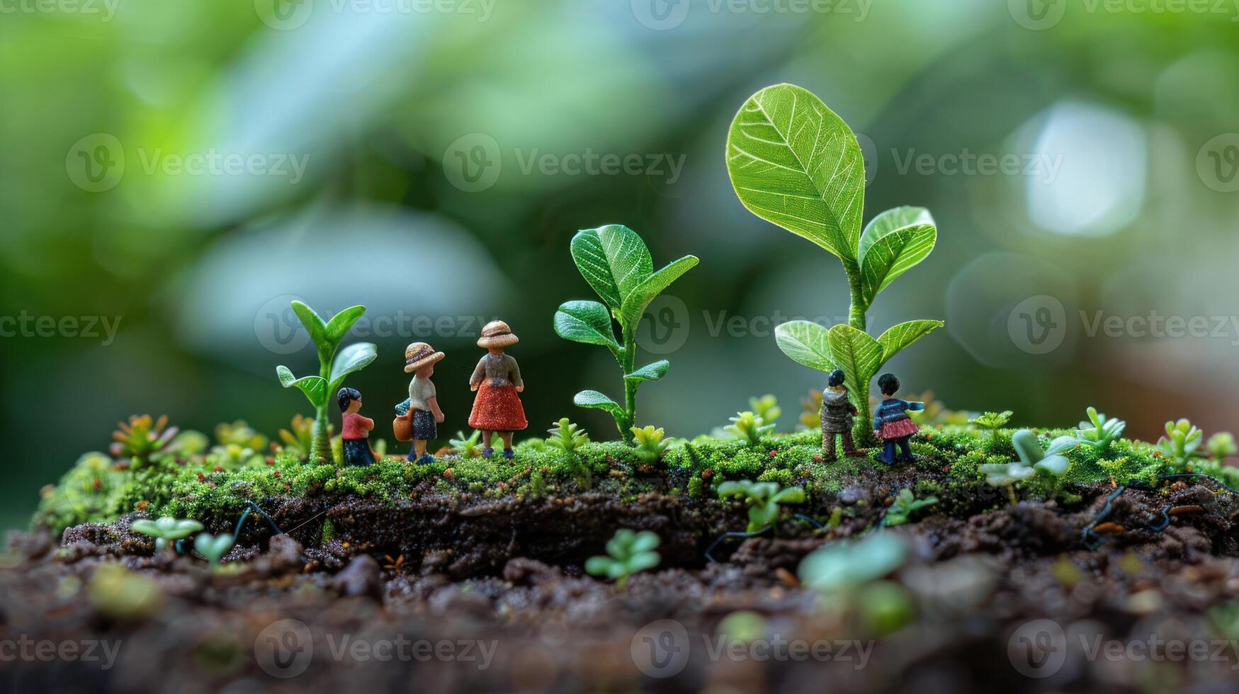 Miniature figures tending to small plants in a lush, green environment. photo