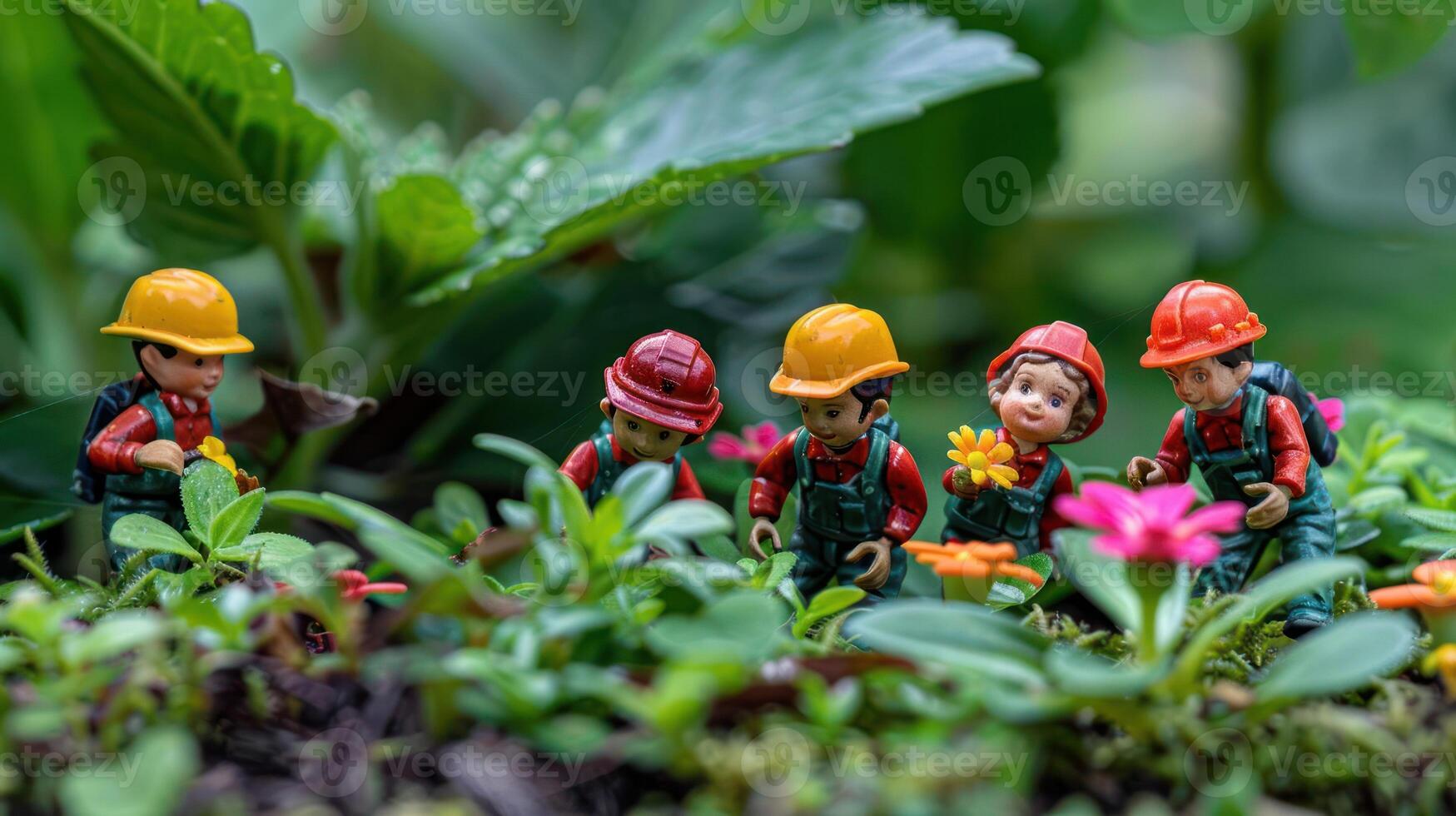 Miniature figures tending to plants in a lush garden setting. photo