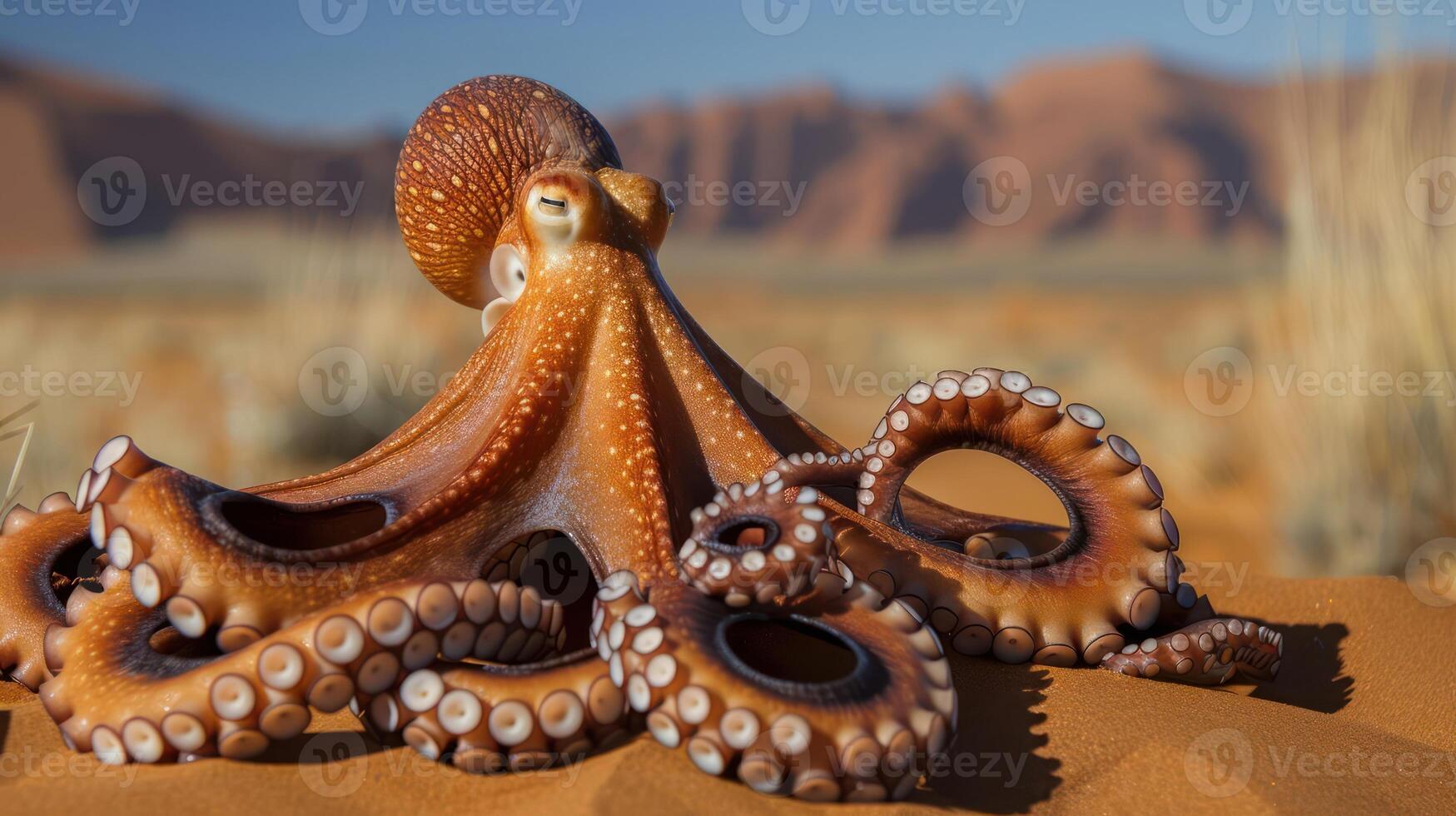 Realistic octopus resting on sandy terrain with desert mountains in the background photo