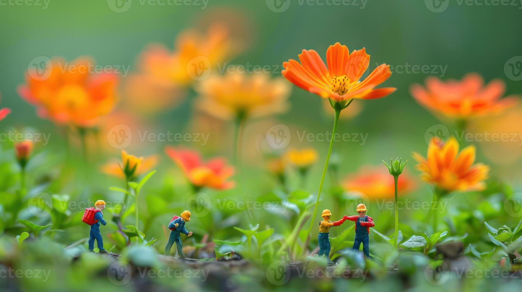 Miniature workers tending to vibrant flowers in a lush garden setting. photo