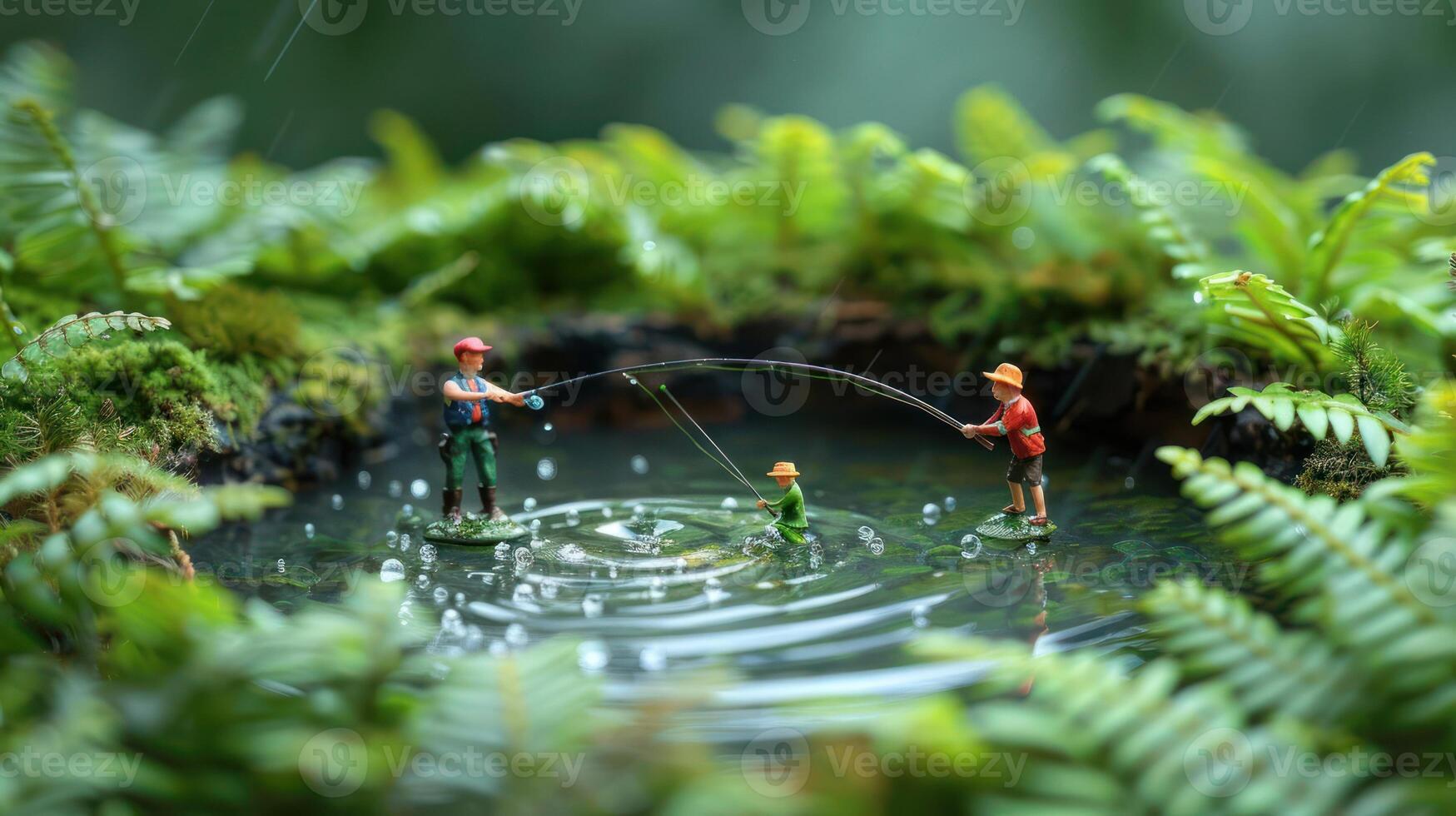 Miniature figures fishing in a lush, green environment, creating a whimsical scene. photo