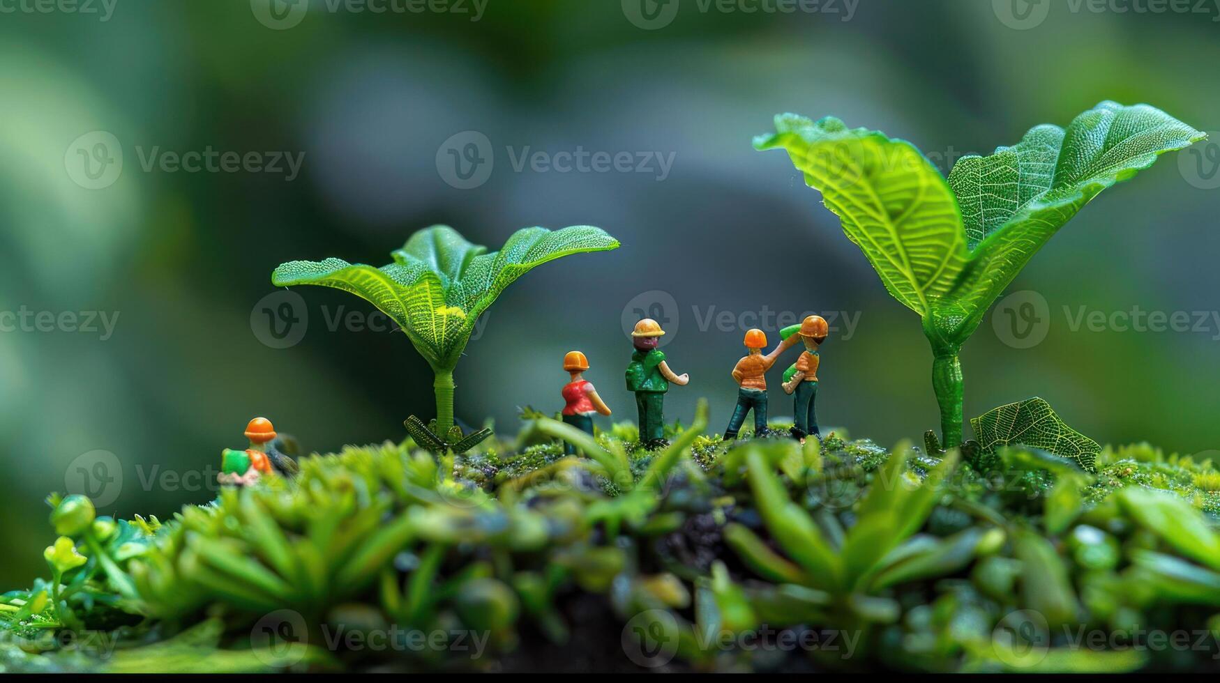Miniature figures tending to lush green plants on a mossy surface, symbolizing growth and care. photo