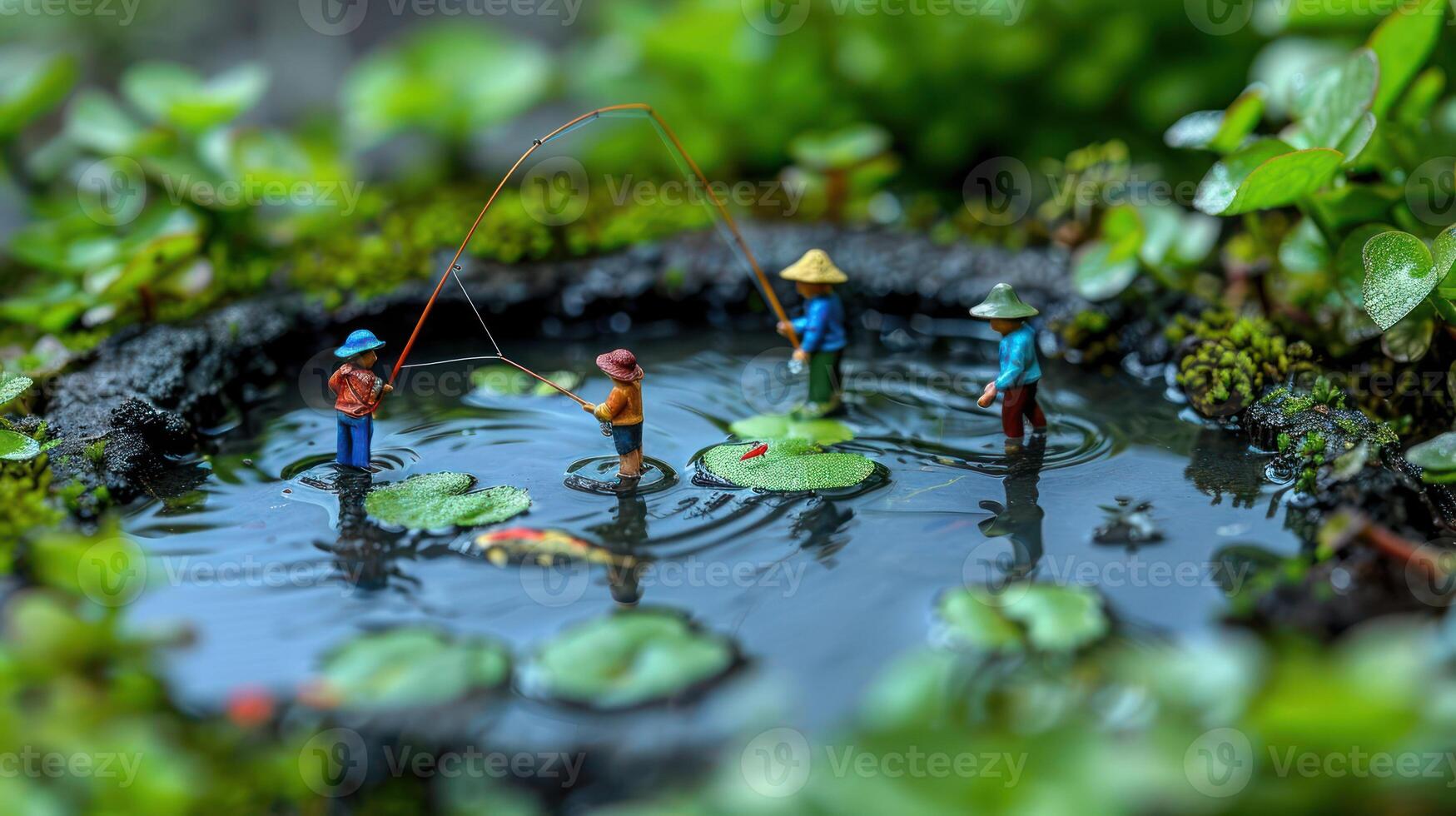Miniature figures fishing in a pond surrounded by lush greenery and lily pads. photo
