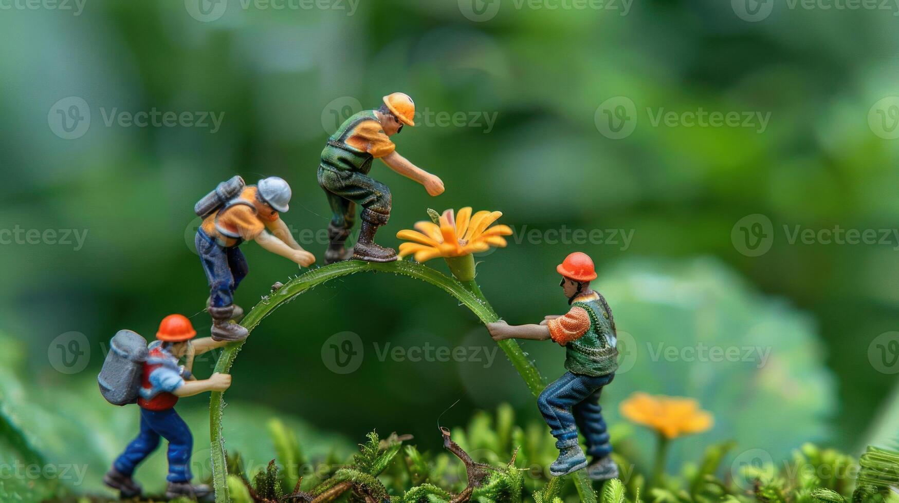 Miniature workers balancing on a flower stem, symbolizing teamwork in nature. photo