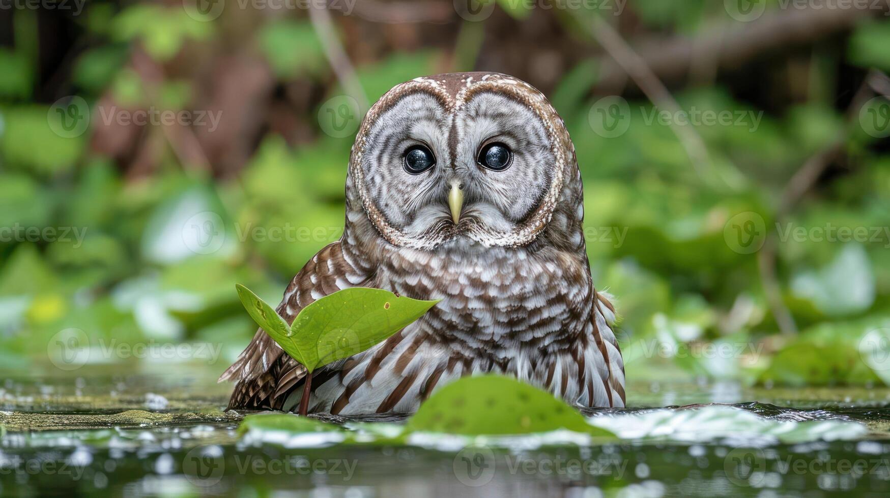 A serene owl perched on a leaf in tranquil waters, surrounded by lush greenery and reflections photo