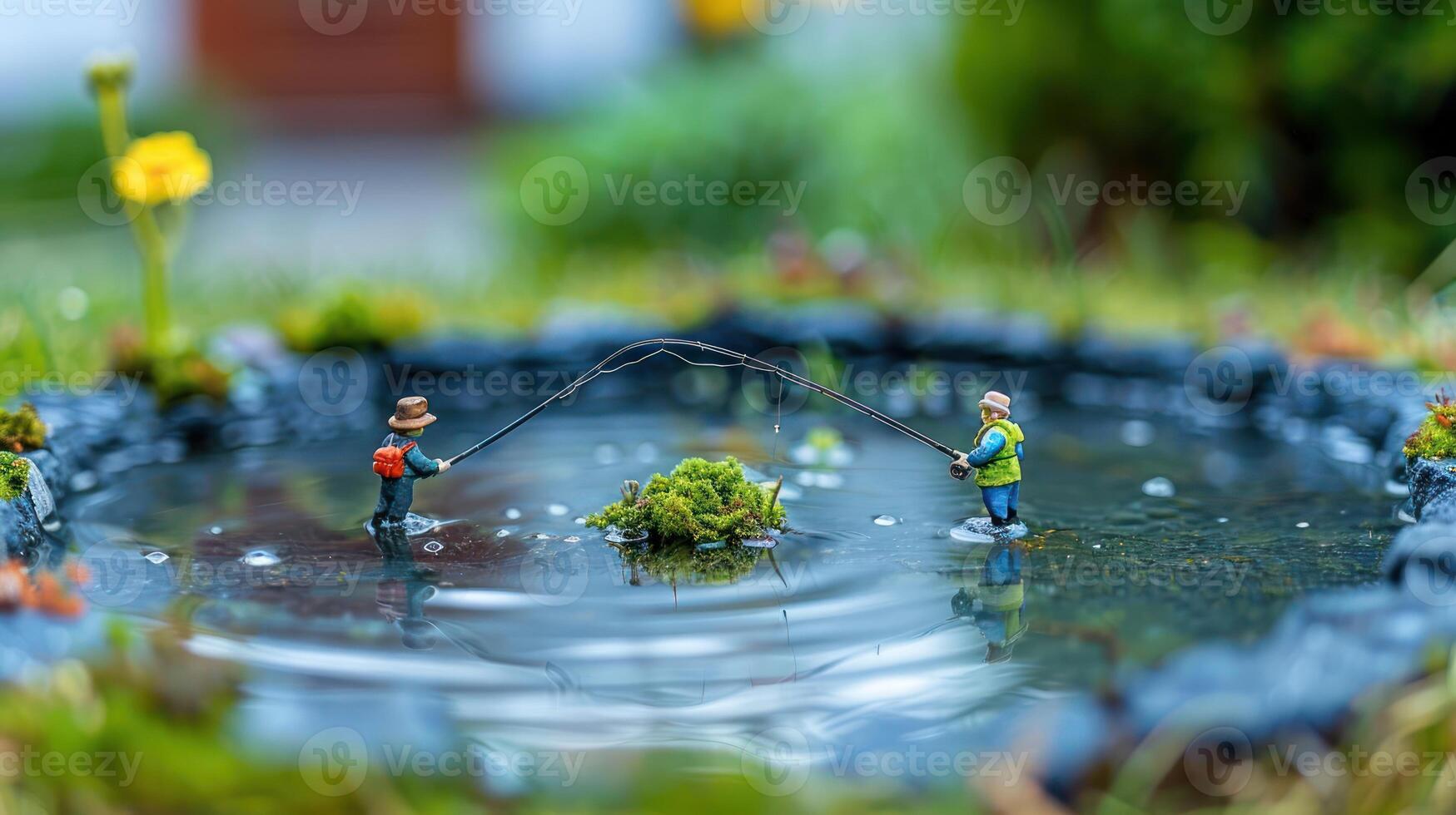 Miniature figures fishing in a small pond surrounded by greenery. photo