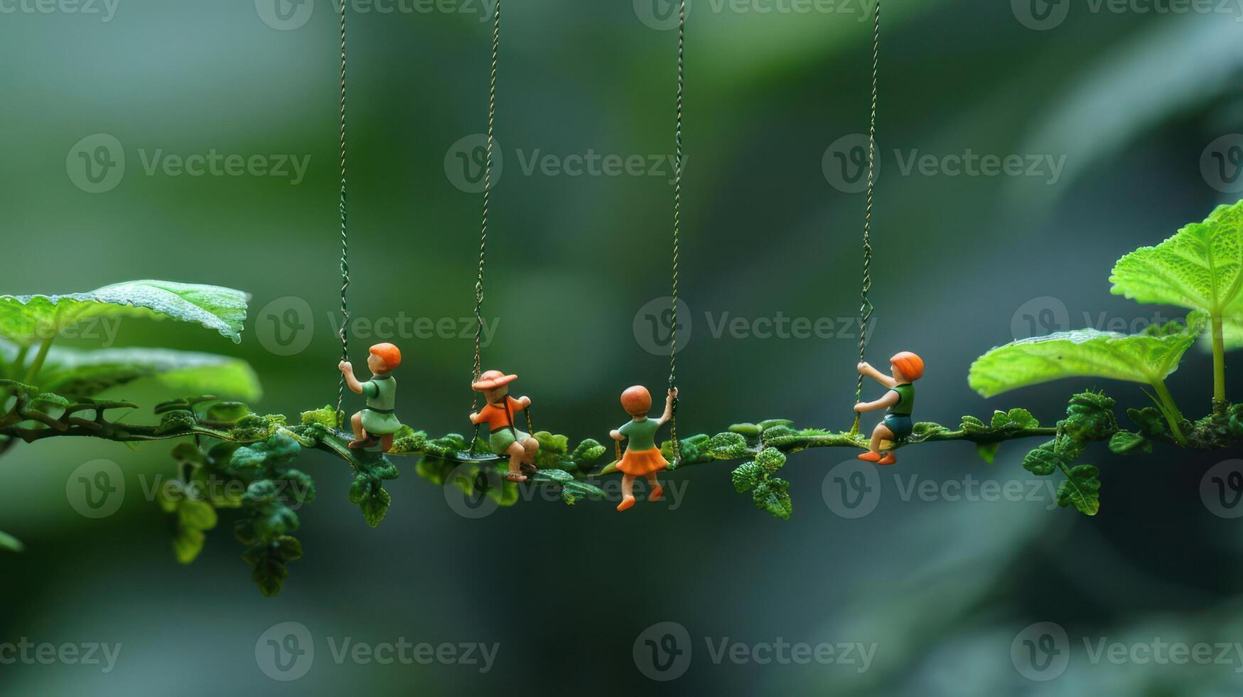 Miniature figures swinging on a branch in a lush green environment. photo