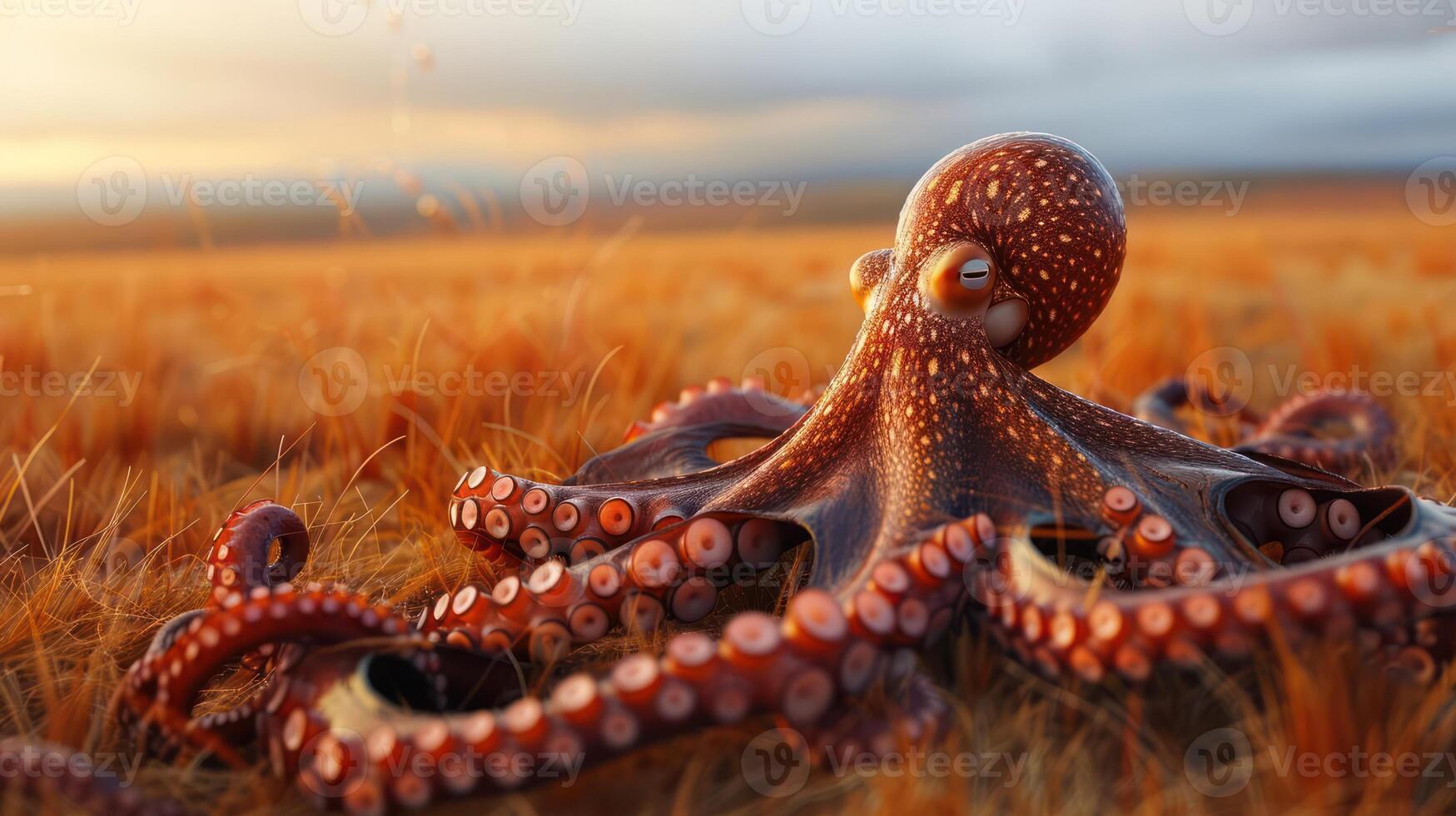 Colorful octopus resting on golden grass during sunset, showcasing nature's beauty and tranquility photo