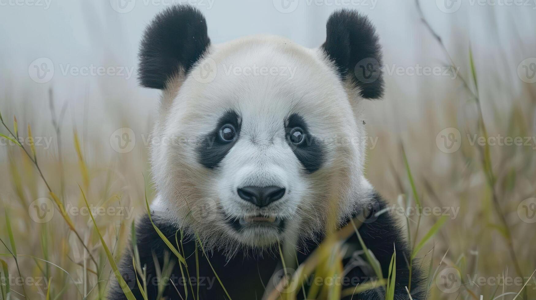 Close-up of a curious panda in a misty bamboo forest, surrounded by lush greenery and soft light photo