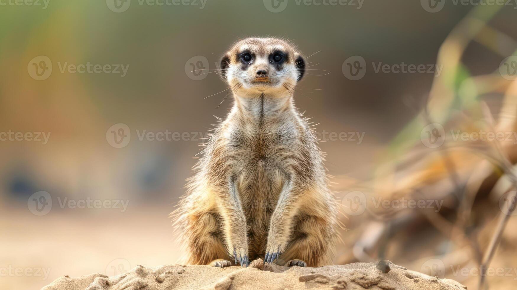 A curious meerkat stands upright on a rock in a natural habitat, observing its surroundings photo