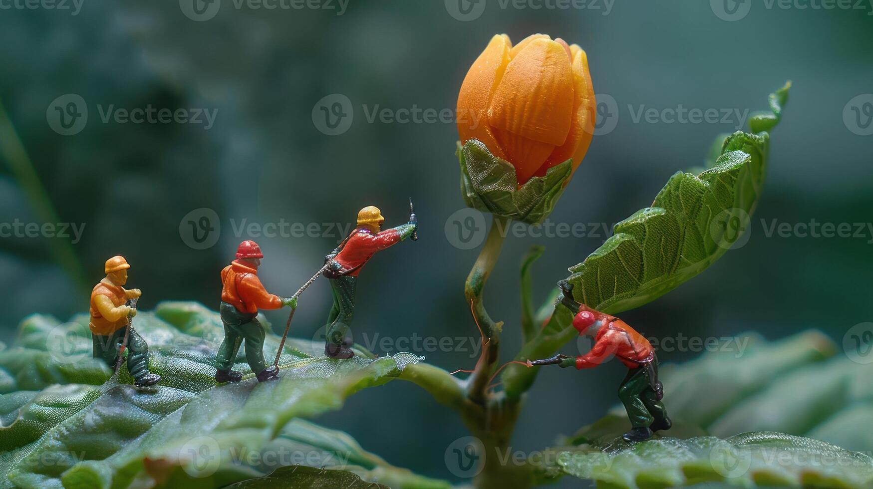 Miniature figures tending to a large flower bud, showcasing a whimsical gardening scene. photo