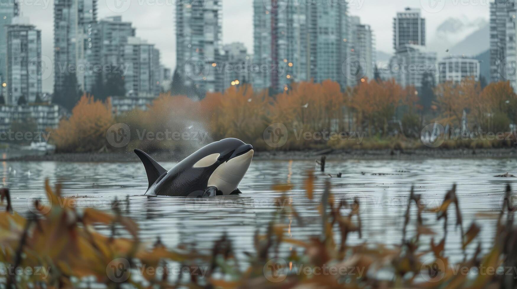 Orca breaching in calm waters with urban skyline and autumn foliage in the background photo