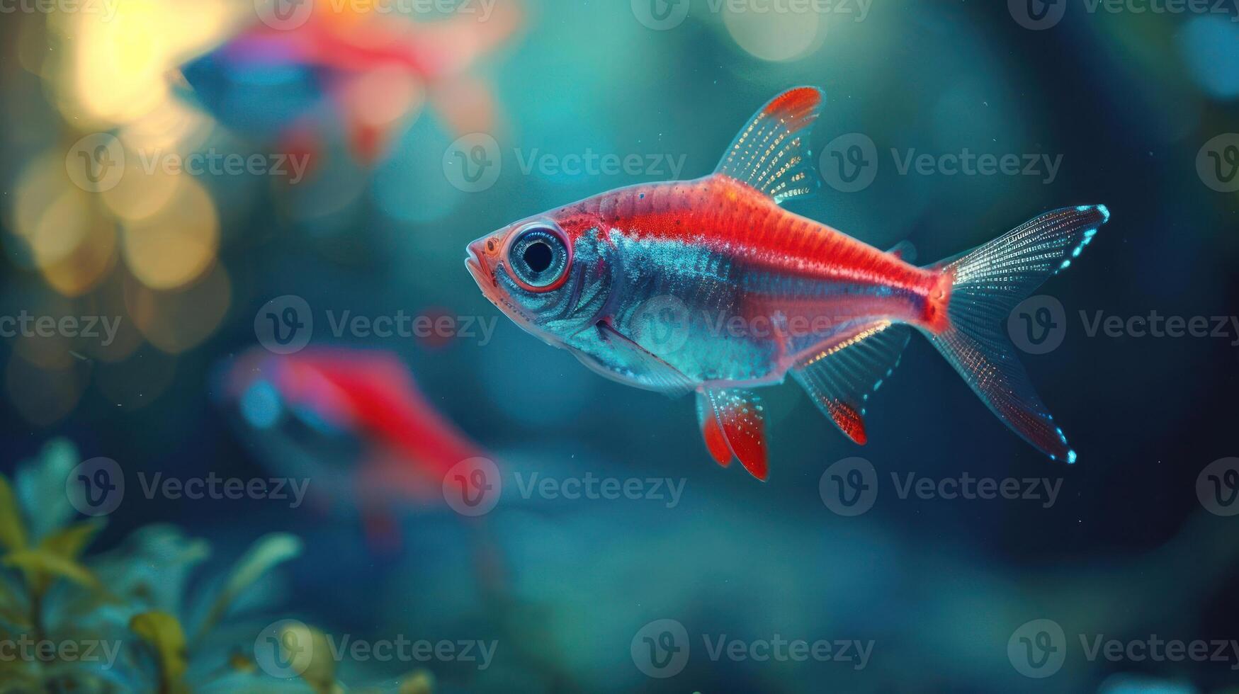 Vibrant red tetra fish swimming gracefully in a serene underwater environment with soft lighting photo