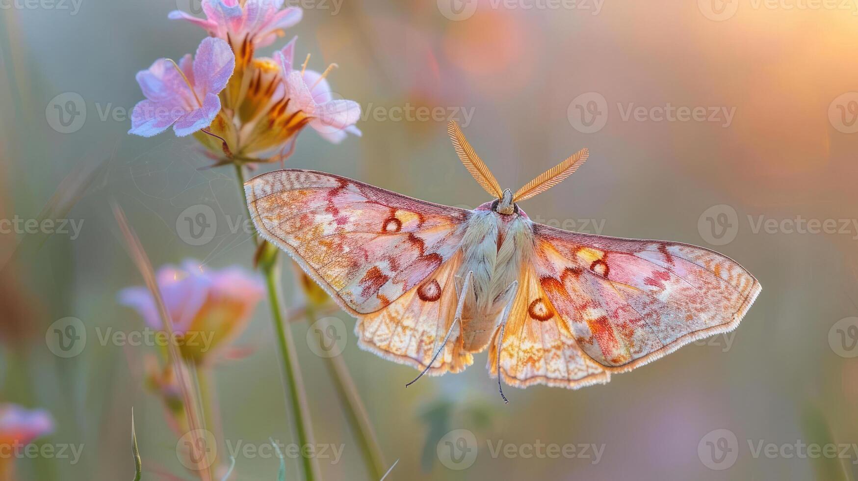 Beautiful butterfly perched on delicate pink flowers during a serene sunset in a meadow photo