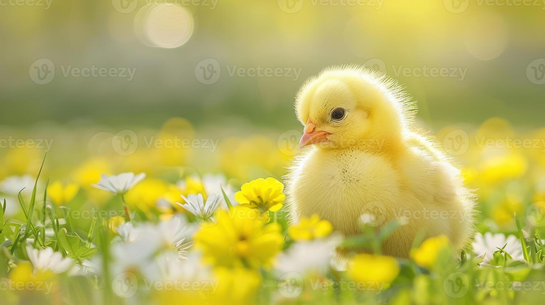 Cute yellow chick standing amidst vibrant wildflowers in a sunny meadow, evoking springtime joy photo