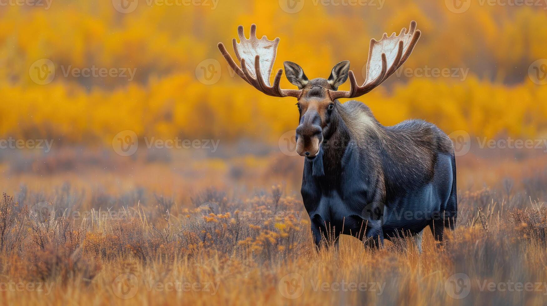 Majestic moose standing in a vibrant autumn landscape with golden foliage in the background photo