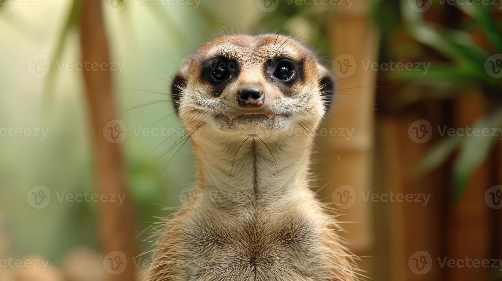 Close-up of a meerkat smiling in a lush, green habitat surrounded by bamboo plants photo