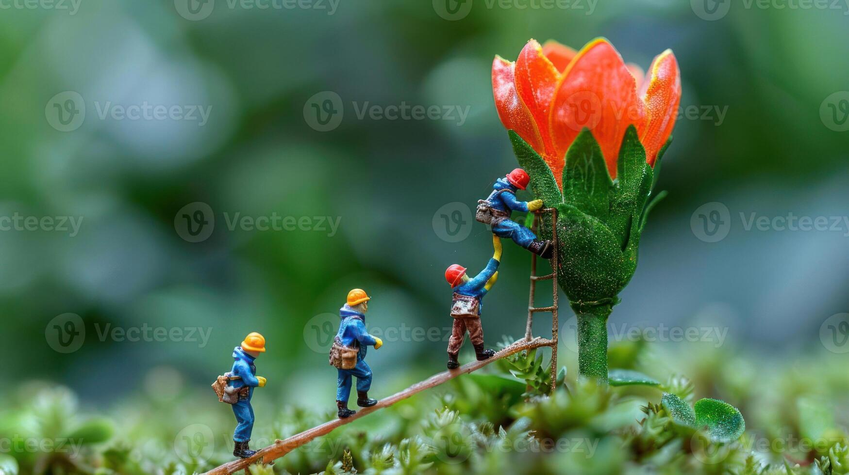 Miniature workers climbing a flower, symbolizing growth and teamwork in nature. photo