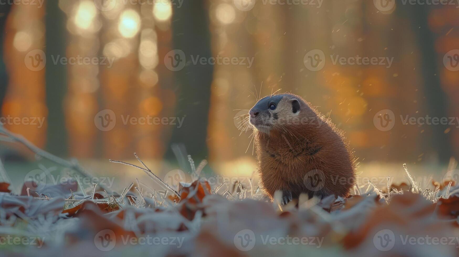 A curious mammal stands amidst autumn leaves in a sunlit forest, capturing nature's beauty photo