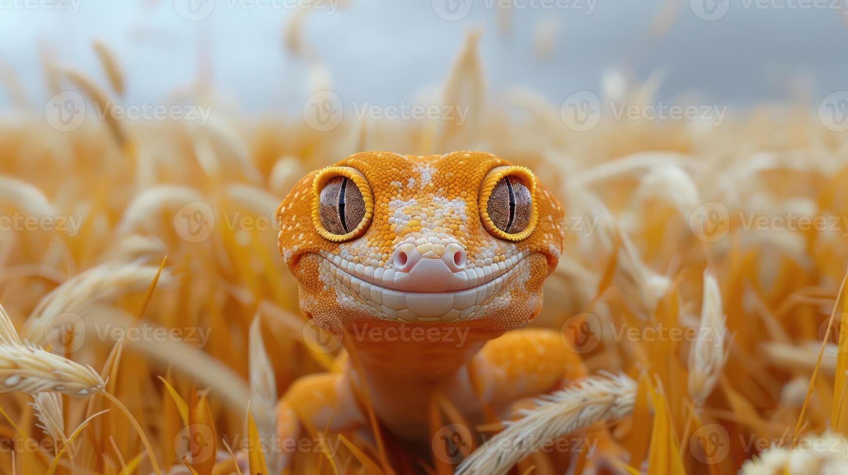 Close-up of a vibrant orange gecko smiling in a golden wheat field under a cloudy sky photo