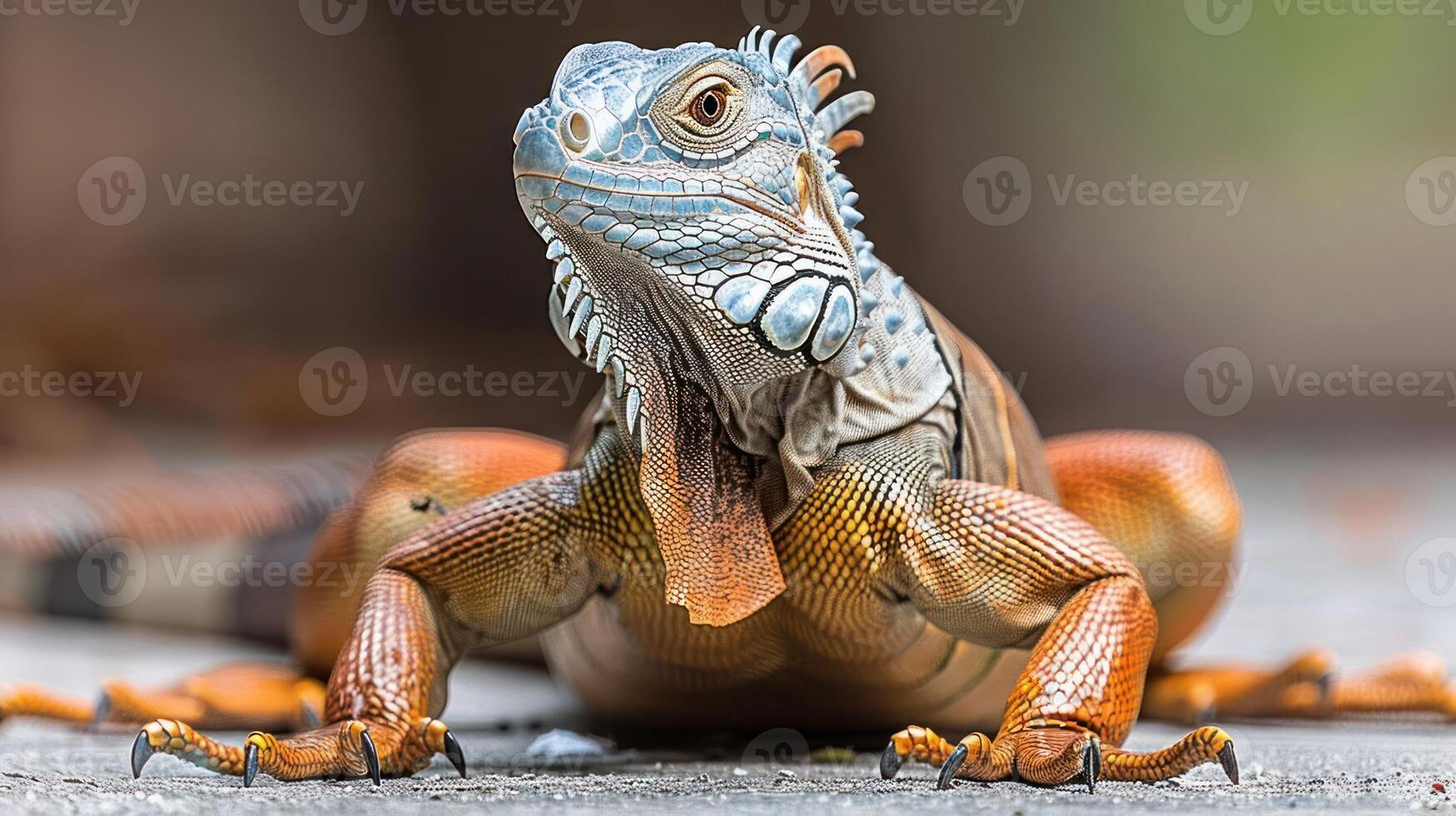 Close-up of a vibrant iguana basking in natural sunlight with blurred greenery in the background photo