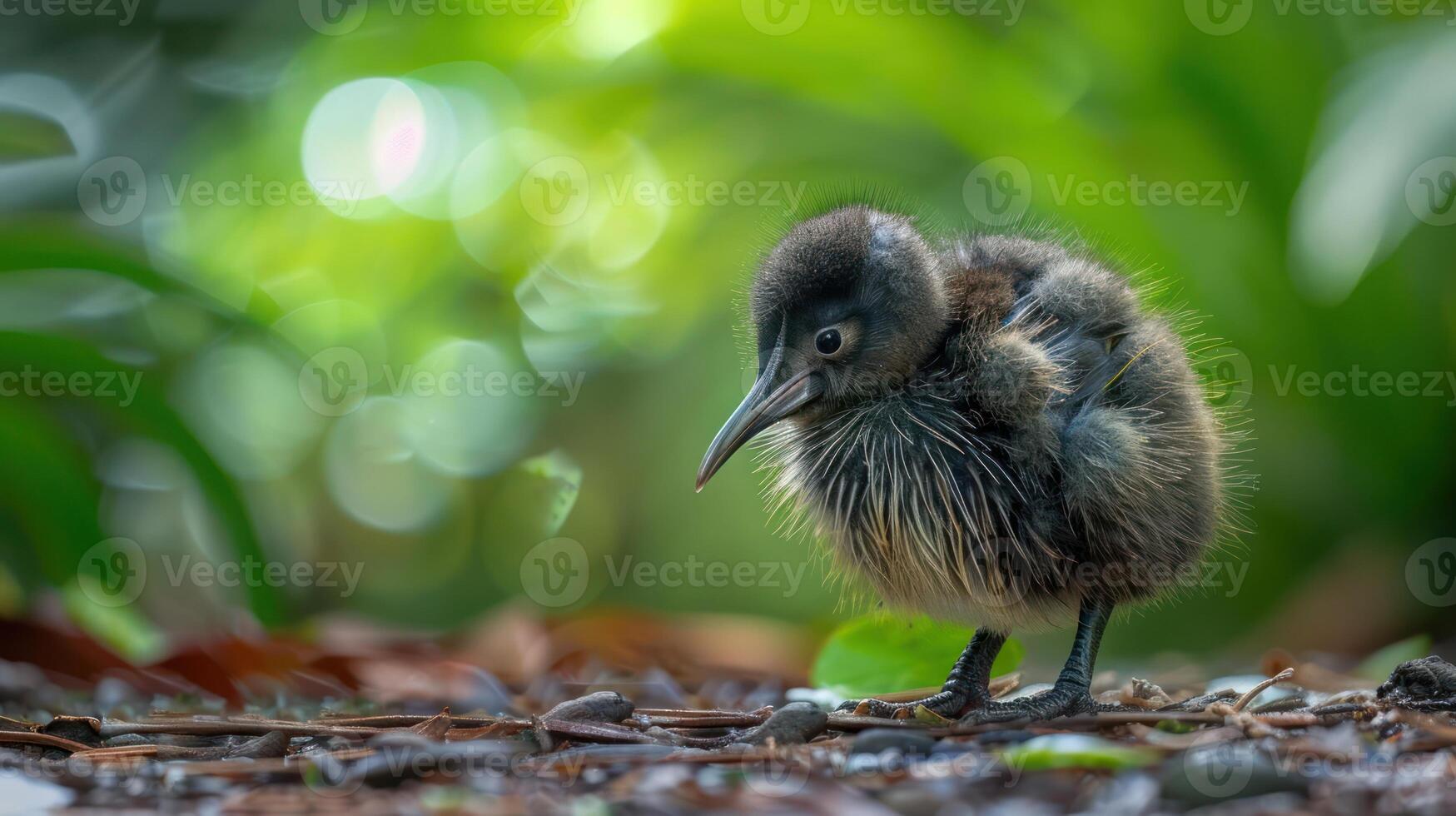 A young bird stands on the ground surrounded by lush greenery, showcasing its fluffy feathers photo