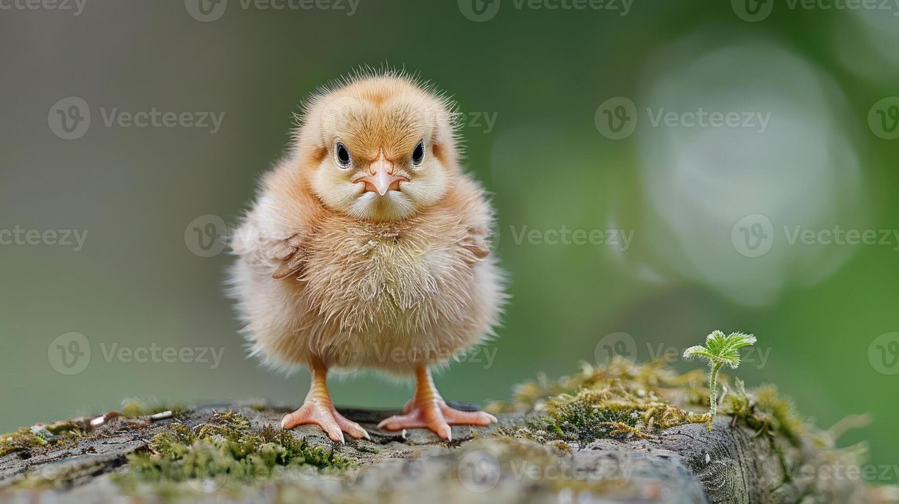 Cute fluffy chick standing on a moss-covered log, surrounded by a blurred green background photo