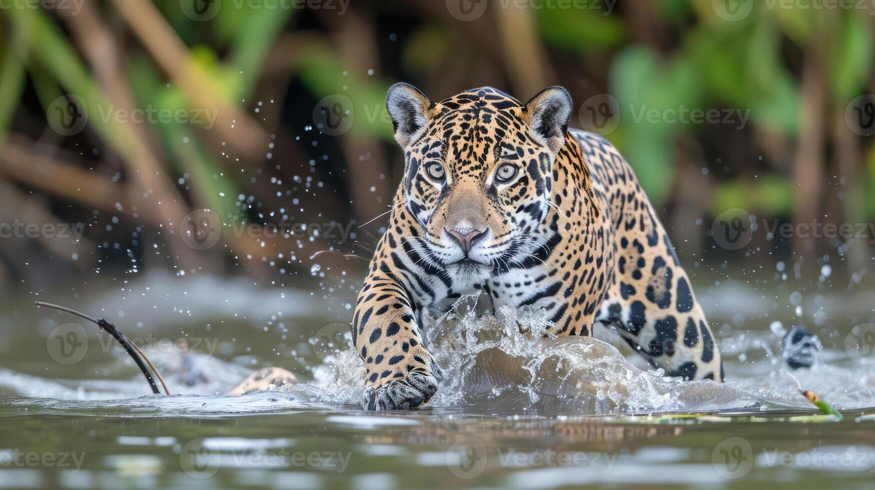 A jaguar splashes through water while hunting in a lush jungle environment, showcasing its power photo