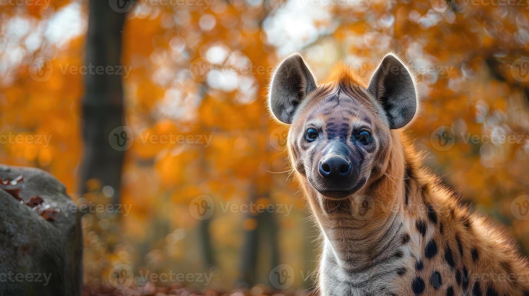 Close-up of a hyena in a vibrant autumn forest, showcasing its unique features and surroundings photo