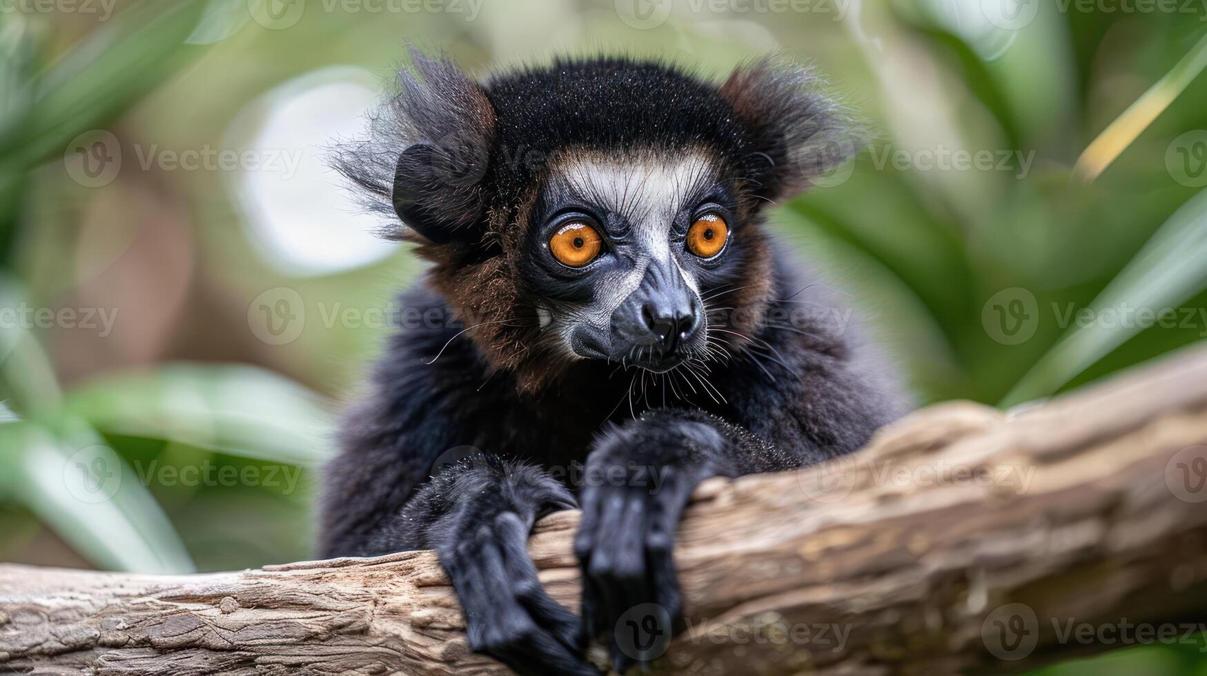 Close-up of a black and orange-eyed lemur perched on a branch in a lush green environment photo