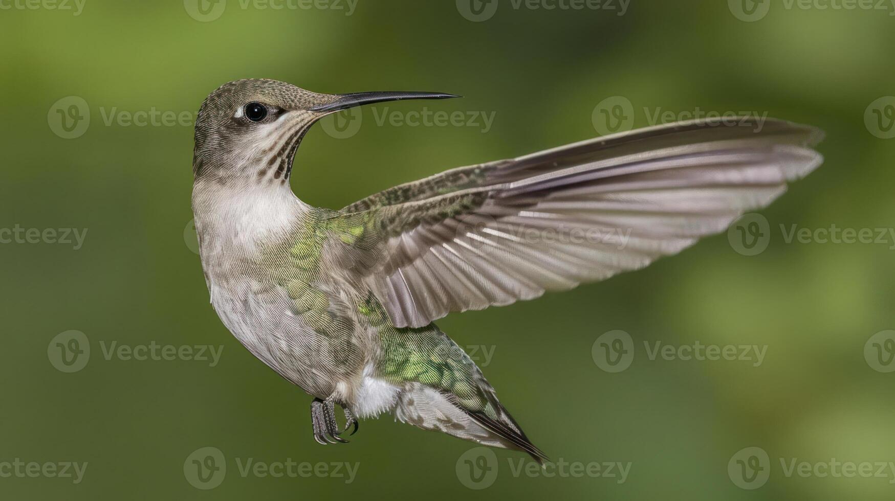 A vibrant hummingbird in mid-flight showcasing its iridescent feathers against a blurred green background photo