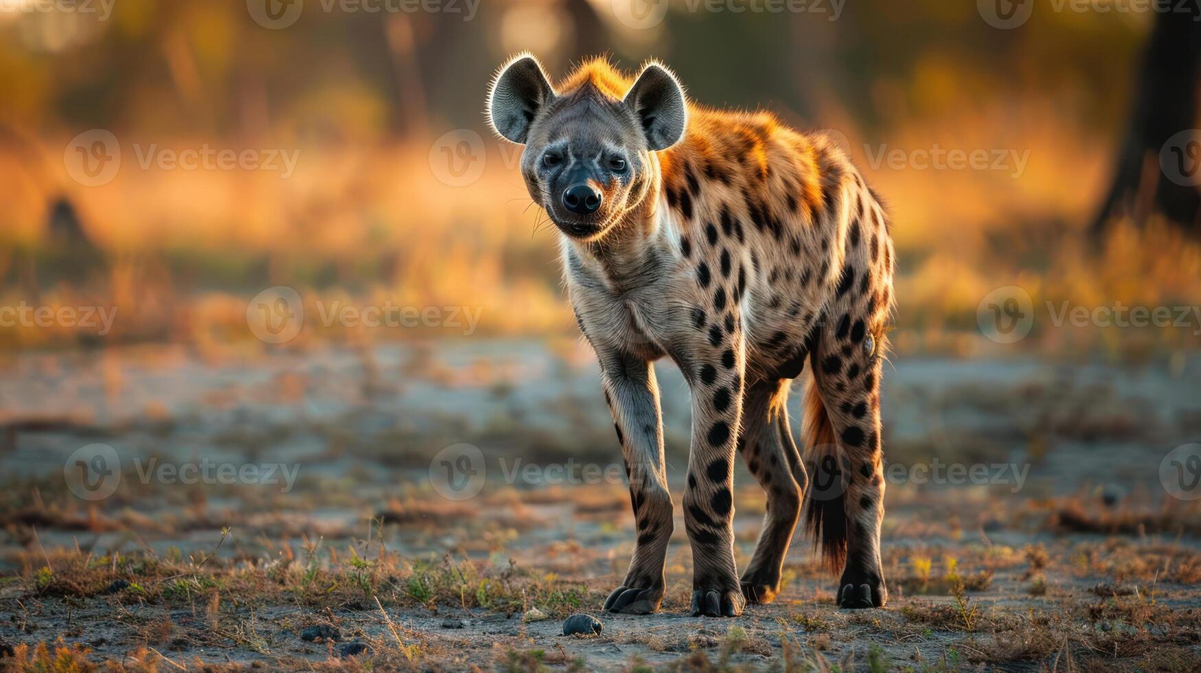 A solitary hyena stands in a golden savanna at sunset, showcasing its unique features and habitat photo