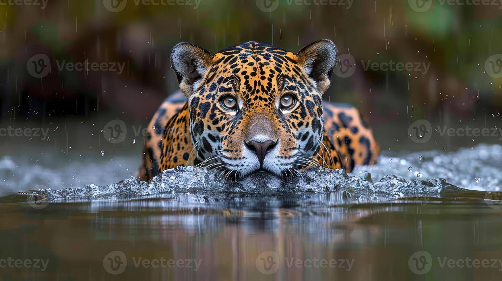 Majestic jaguar swimming through a serene rainforest river, surrounded by lush greenery and rainfall photo