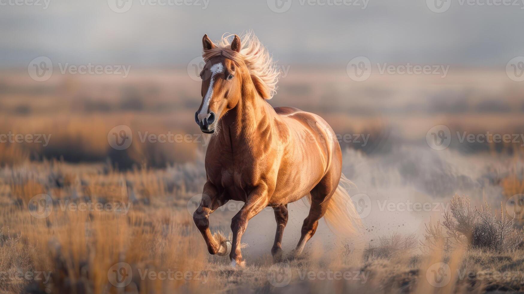Majestic chestnut horse galloping across a golden grassland during sunset, dust rising photo
