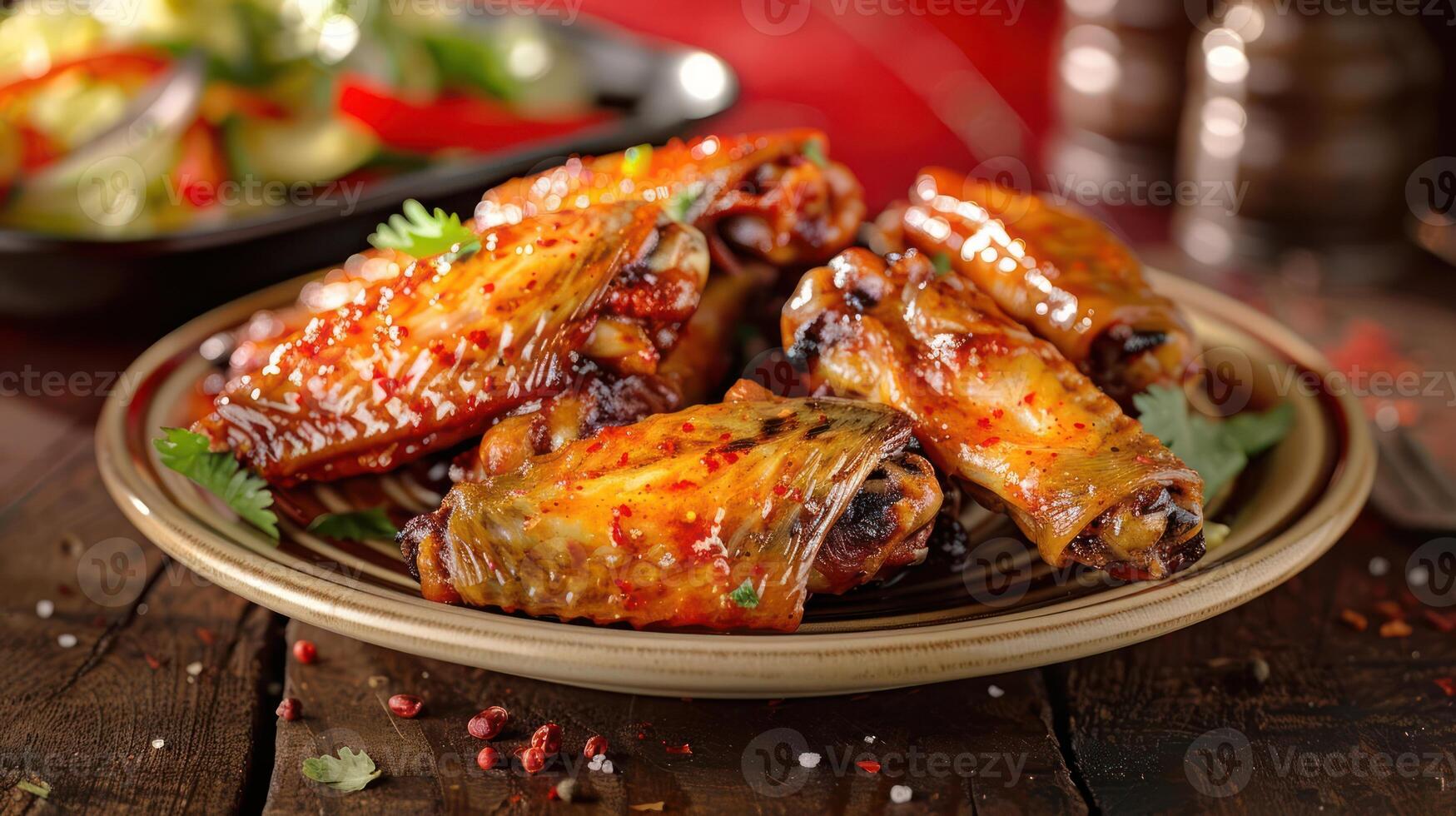 A plate of glazed chicken wings garnished with herbs, served with a side salad. photo