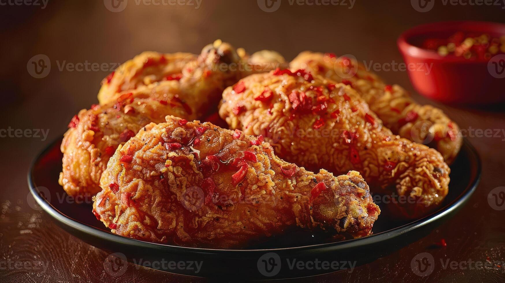 A plate of crispy fried chicken drumsticks garnished with red seasoning. photo